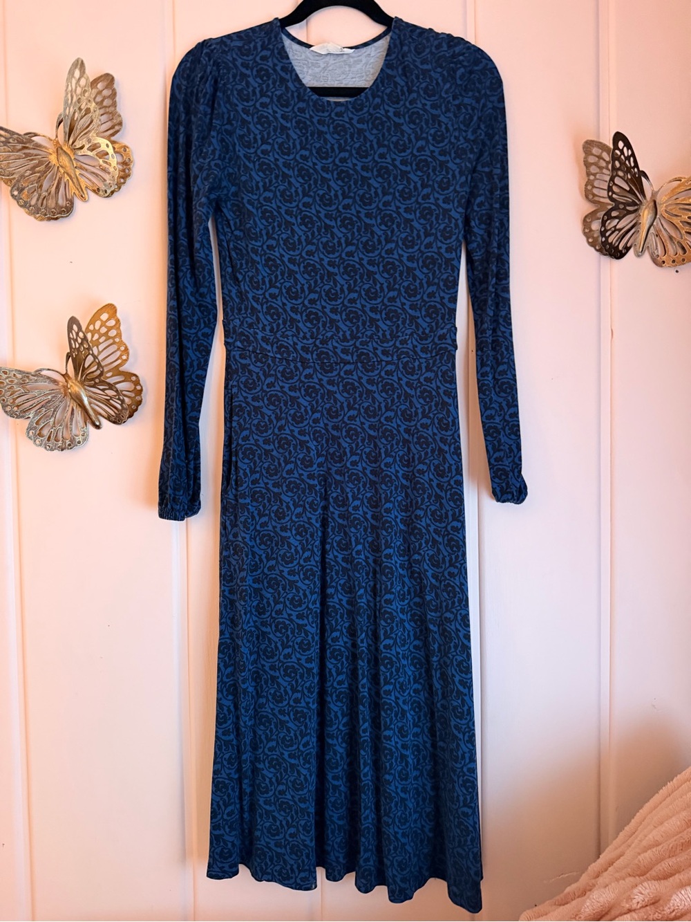 Boden Black-Blue Floral Long-Sleeve Midi Dress sz4R